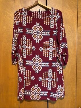 Burgundy Geometric New Mexico Western Aztec Long Tunic Top